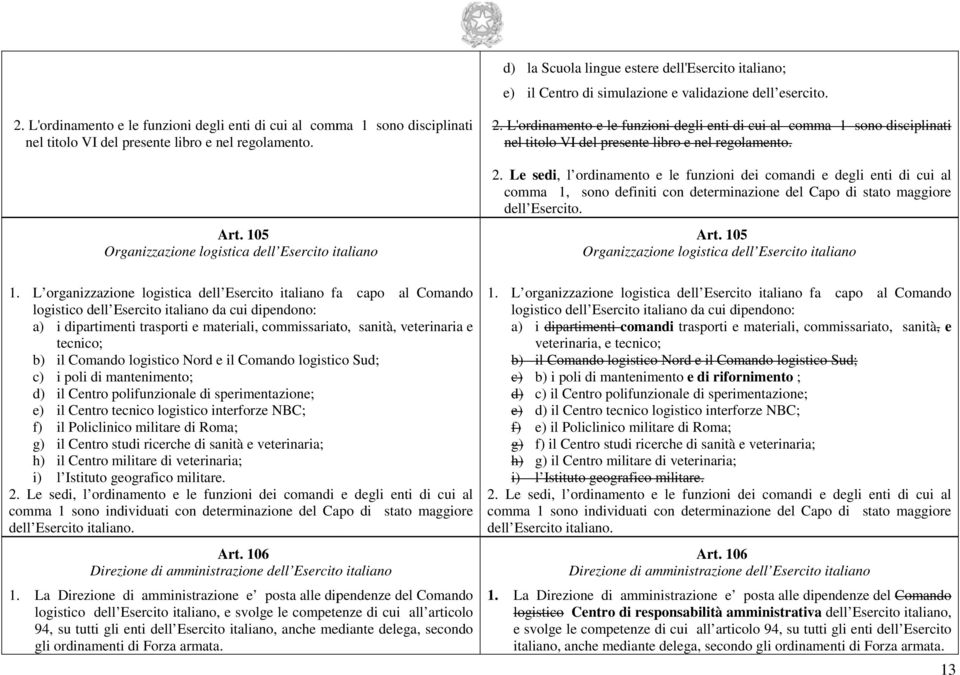 L organizzazione logistica dell Esercito italiano fa capo al Comando logistico dell Esercito italiano da cui dipendono: a) i dipartimenti trasporti e materiali, commissariato, sanità, veterinaria e