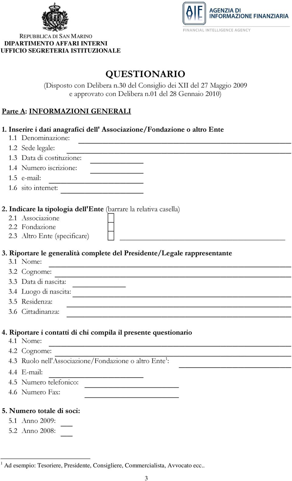 Indicare la tipologia dell'ente (barrare la relativa casella) 2.1 Associazione 2.2 Fondazione 2.3 Altro Ente (specificare) 3. Riportare le generalità complete del Presidente/Legale rappresentante 3.