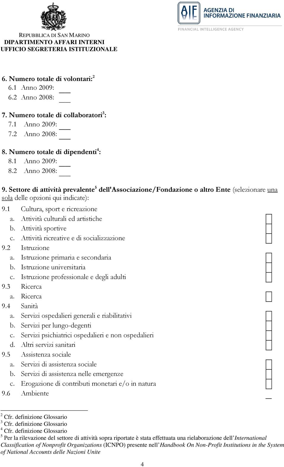 Attività sportive c. Attività ricreative e di socializzazione 9.2 Istruzione a. Istruzione primaria e secondaria b. Istruzione universitaria c. Istruzione professionale e degli adulti 9.3 Ricerca a.