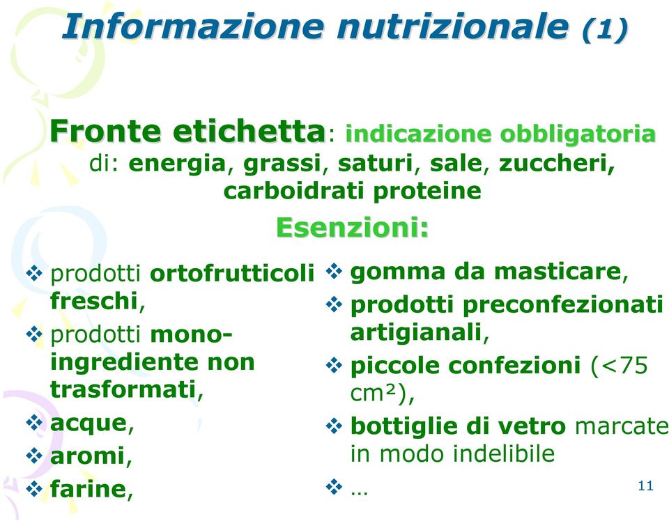 energia, grassi, saturi, sale, zuccheri, carboidrati proteine Esenzioni: gomma da masticare,