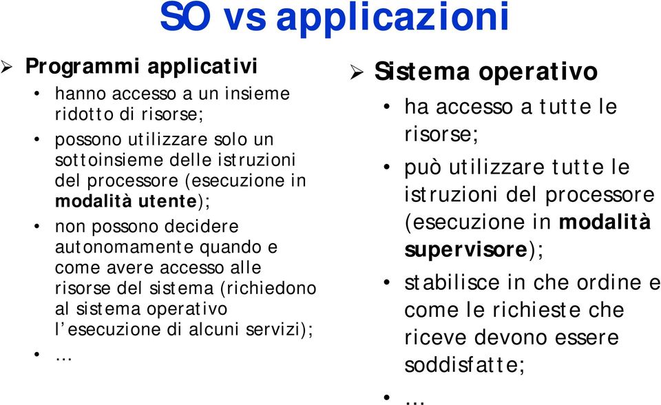 sistema (richiedono al sistema operativo l esecuzione di alcuni servizi); Sistema operativo ha accesso a tutte le risorse; può utilizzare