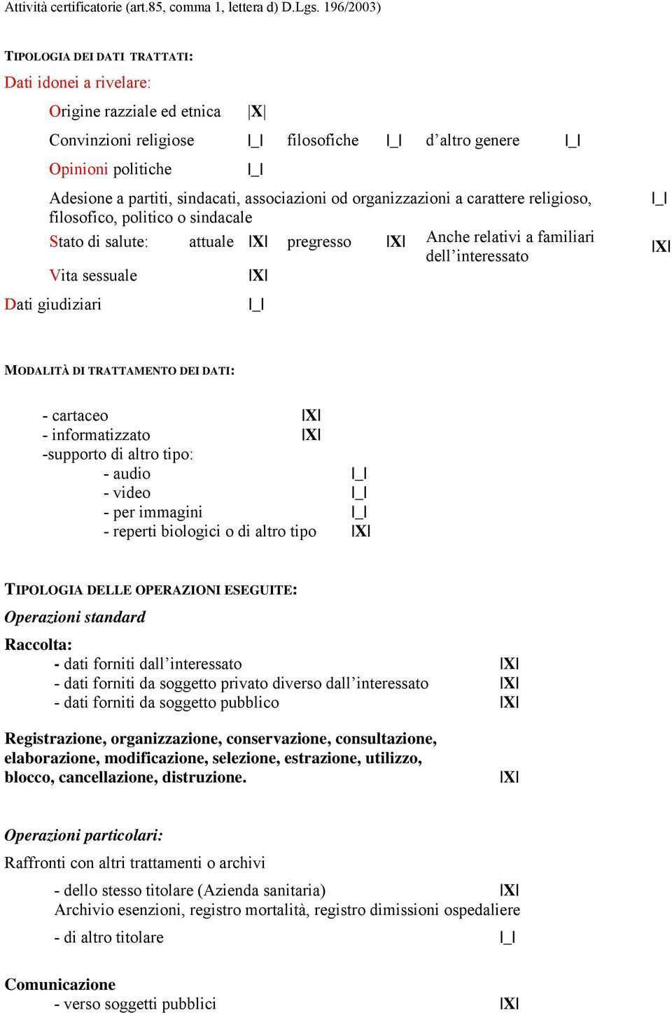 associazioni od organizzazioni a carattere religioso, filosofico, politico o sindacale Stato di salute: attuale pregresso Anche relativi a familiari dell interessato Vita sessuale Dati giudiziari