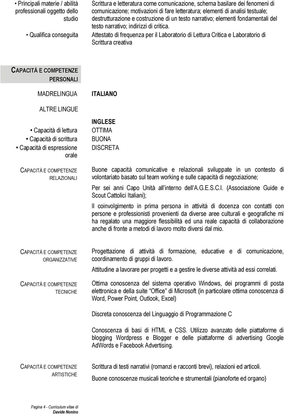 Attestato di frequenza per il Laboratorio di Lettura Critica e Laboratorio di Scrittura creativa PERSONALI MADRELINGUA ITALIANO ALTRE LINGUE Capacità di lettura Capacità di scrittura Capacità di