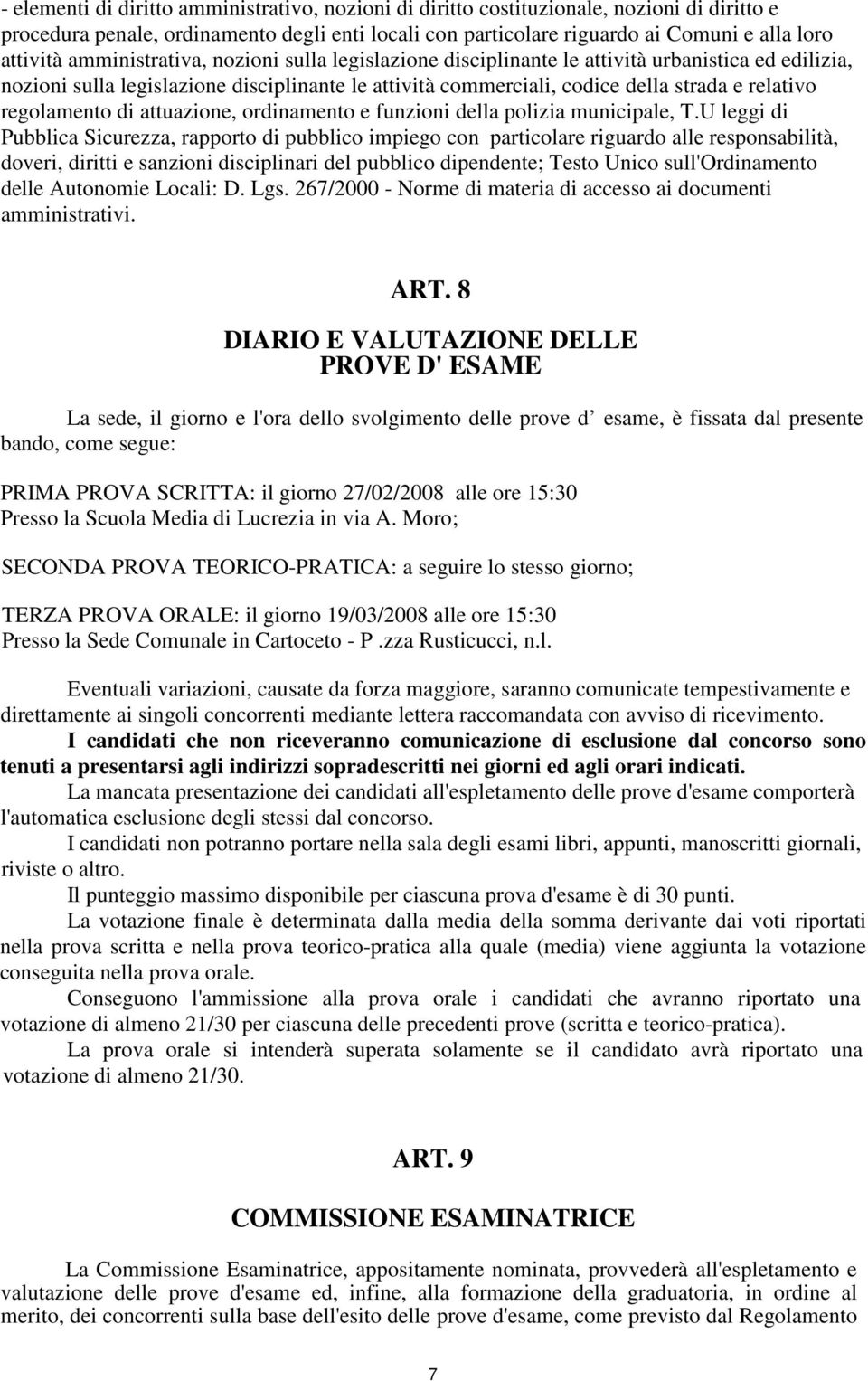 regolamento di attuazione, ordinamento e funzioni della polizia municipale, T.