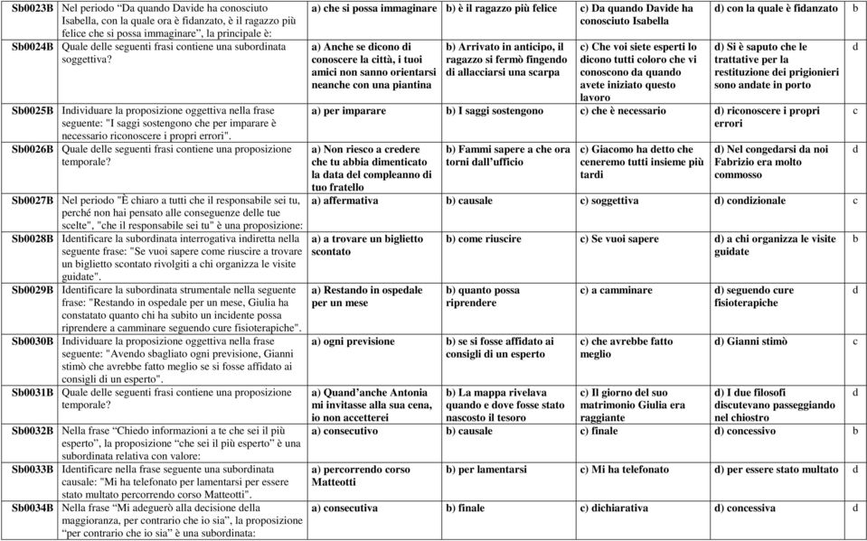 S0026B Qule elle seguenti frsi ontiene un proposizione S0027B Nel perioo "È hiro tutti he il responsile sei tu, perhé non hi pensto lle onseguenze elle tue selte", "he il responsile sei tu" è un