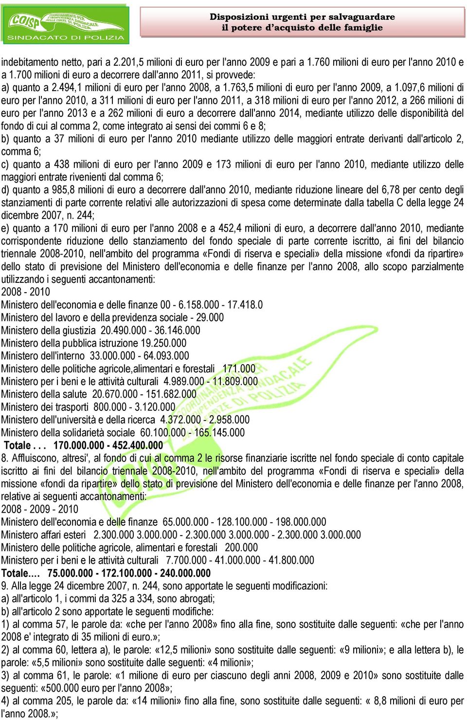 097,6 milioni di euro per l'anno 2010, a 311 milioni di euro per l'anno 2011, a 318 milioni di euro per l'anno 2012, a 266 milioni di euro per l'anno 2013 e a 262 milioni di euro a decorrere