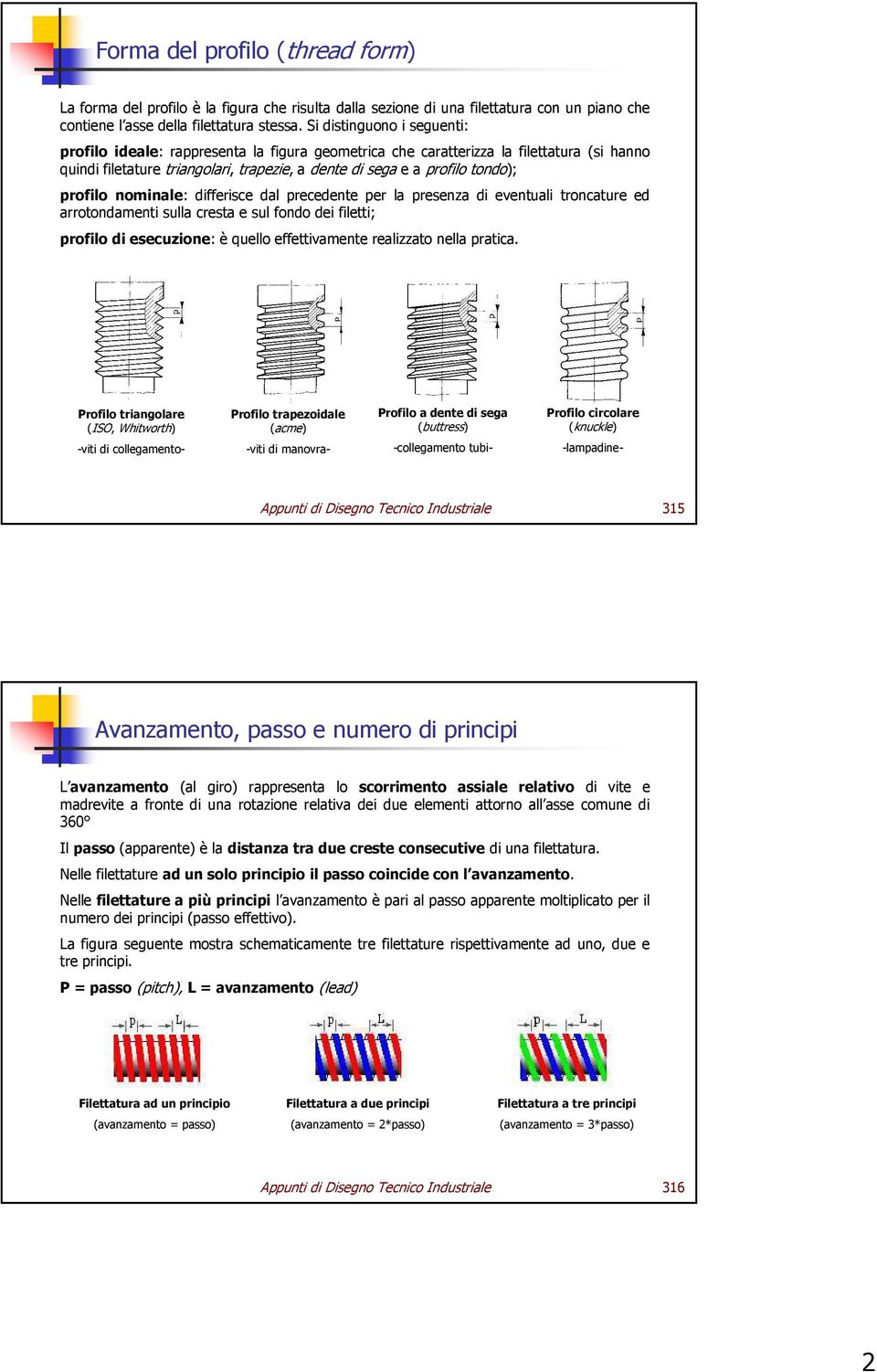 profilo nominale: differisce dal precedente per la presenza di eventuali troncature ed arrotondamenti sulla cresta e sul fondo dei filetti; profilo di esecuzione: è quello effettivamente realizzato