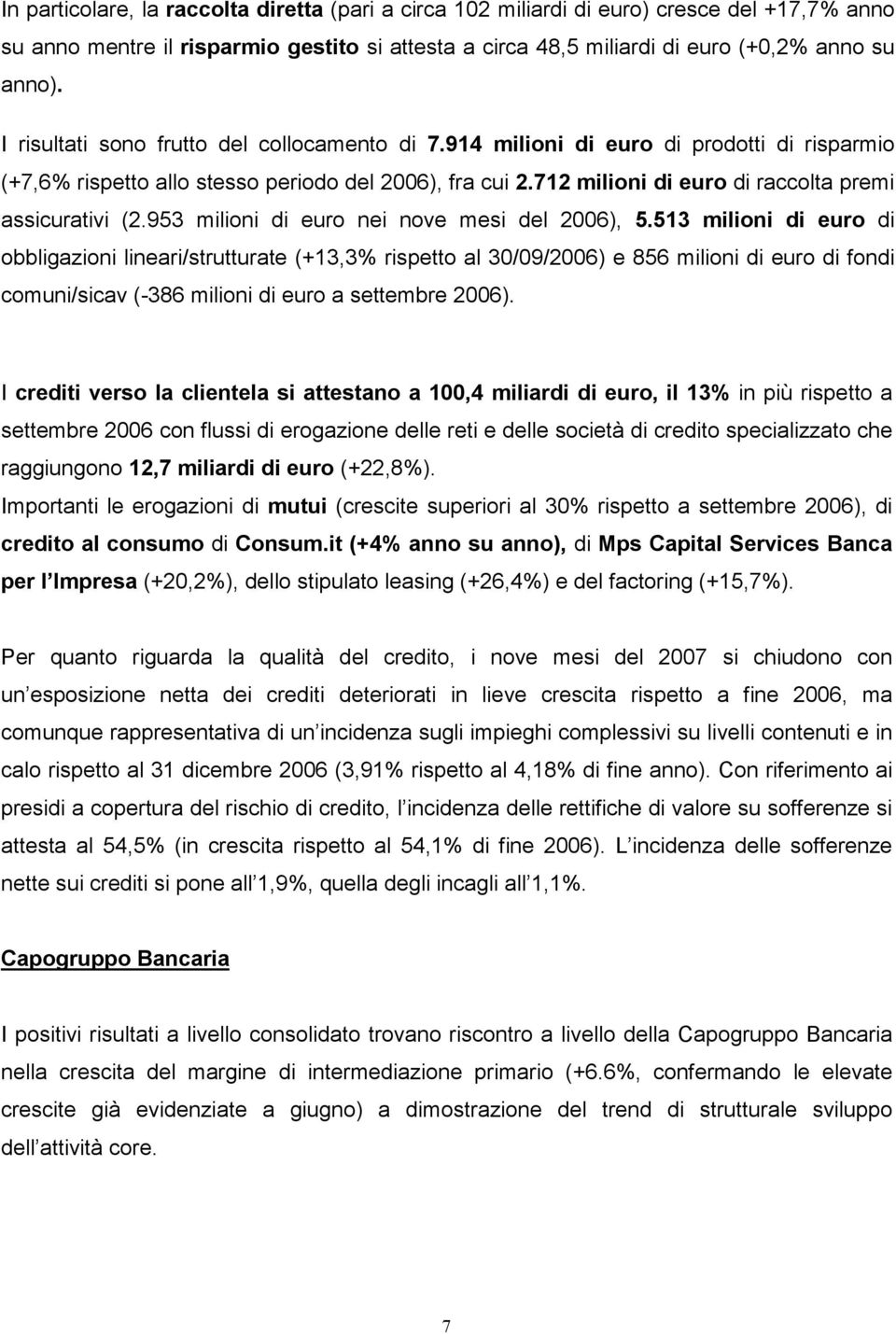 712 milioni di euro di raccolta premi assicurativi (2.953 milioni di euro nei nove mesi del 2006), 5.