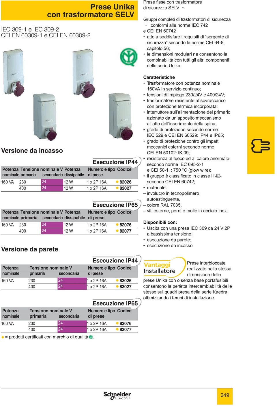 Unika con trasformatore SELV Esecuzione IP44 Potenza V Numero e tipo Codice nominale primaria secondaria di prese 160 VA 230 24 1 x 2P 16A p 83026 400 24 1 x 2P 16A p 83027 Potenza V Numero e tipo