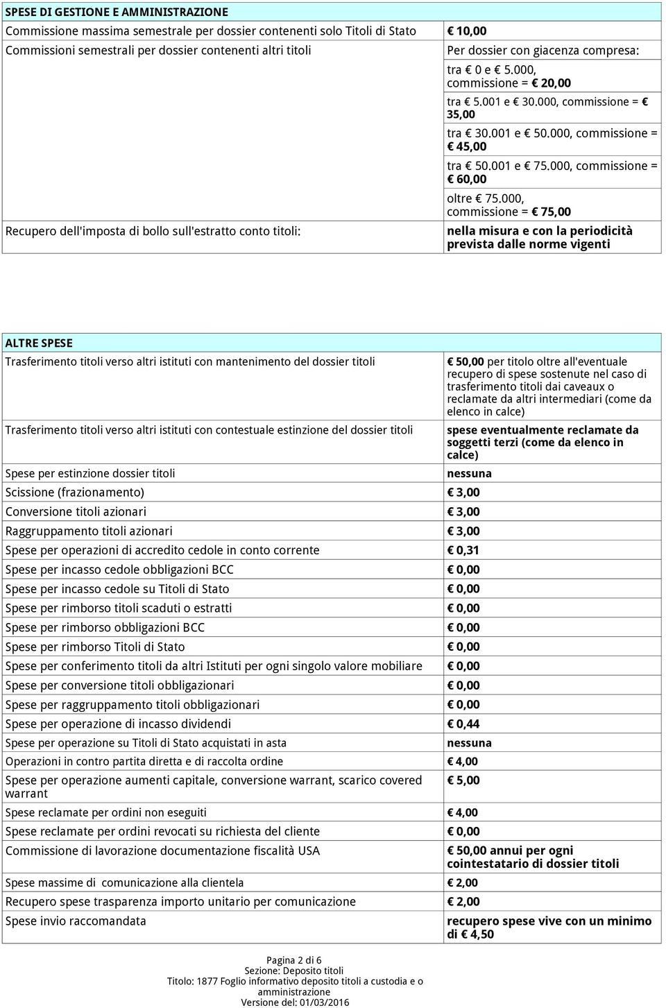 001 e 75.000, commissione = 60,00 oltre 75.