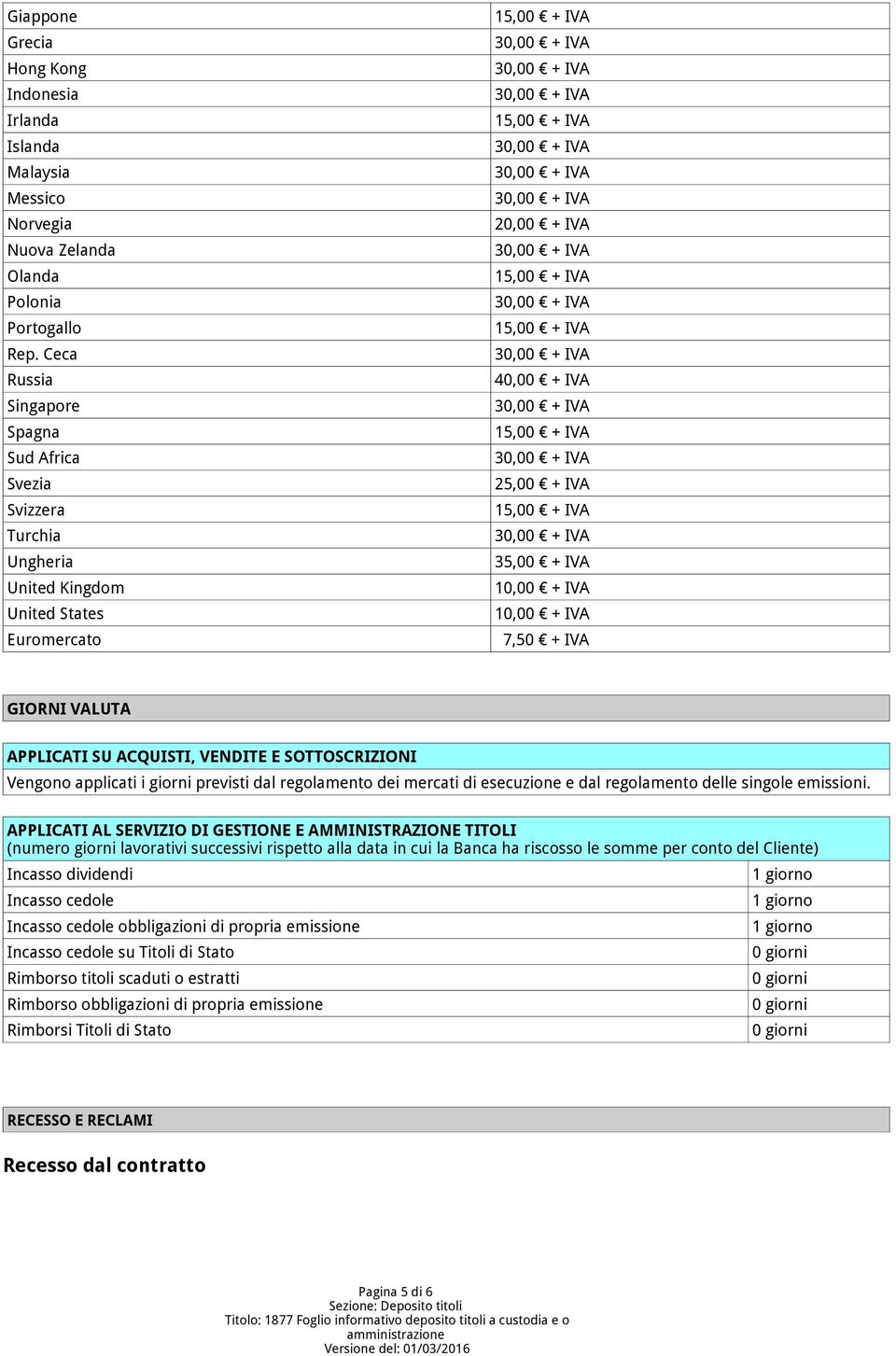 APPLICATI SU ACQUISTI, VENDITE E SOTTOSCRIZIONI Vengono applicati i giorni previsti dal regolamento dei mercati di esecuzione e dal regolamento delle singole emissioni.