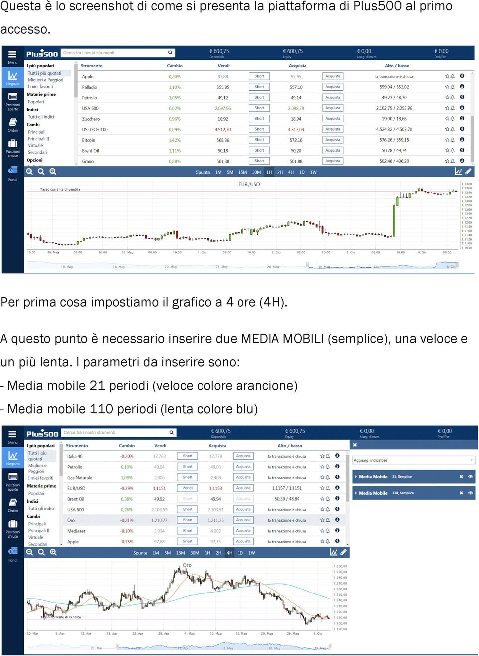 A questo punto è necessario inserire due MEDIA MOBILI (semplice), una veloce e un più