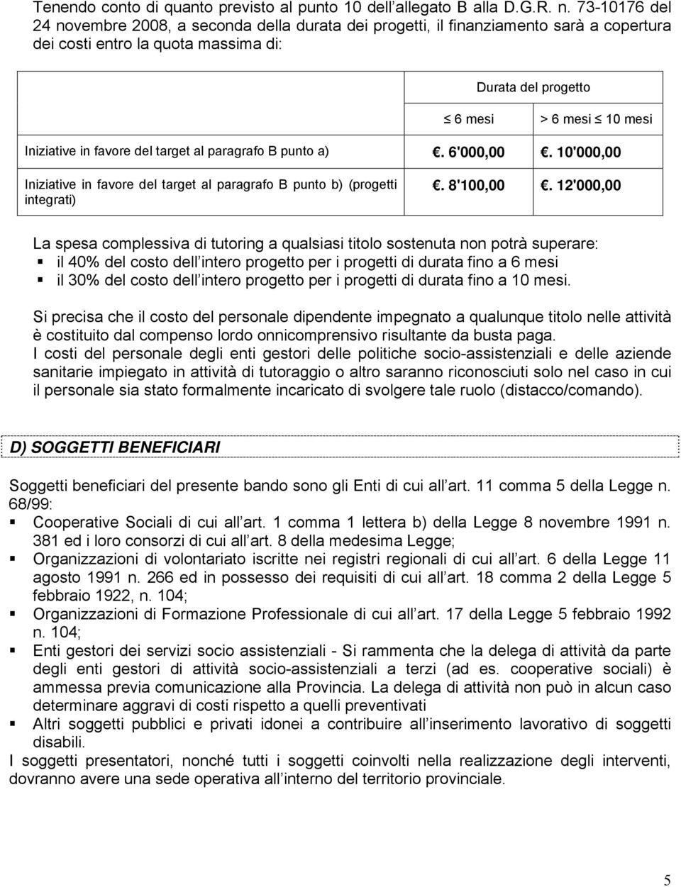 favore del target al paragrafo B punto a). 6'000,00. 10'000,00 Iniziative in favore del target al paragrafo B punto b) (progetti integrati). 8'100,00.