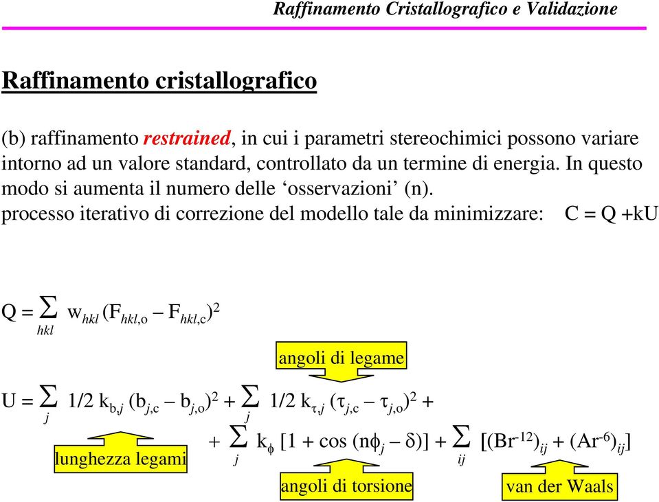 processo iterativo di correzione del modello tale da minimizzare: C = Q +ku Q = Σ w hkl (F hkl,o F hkl,c ) 2 hkl angoli di legame U = Σ