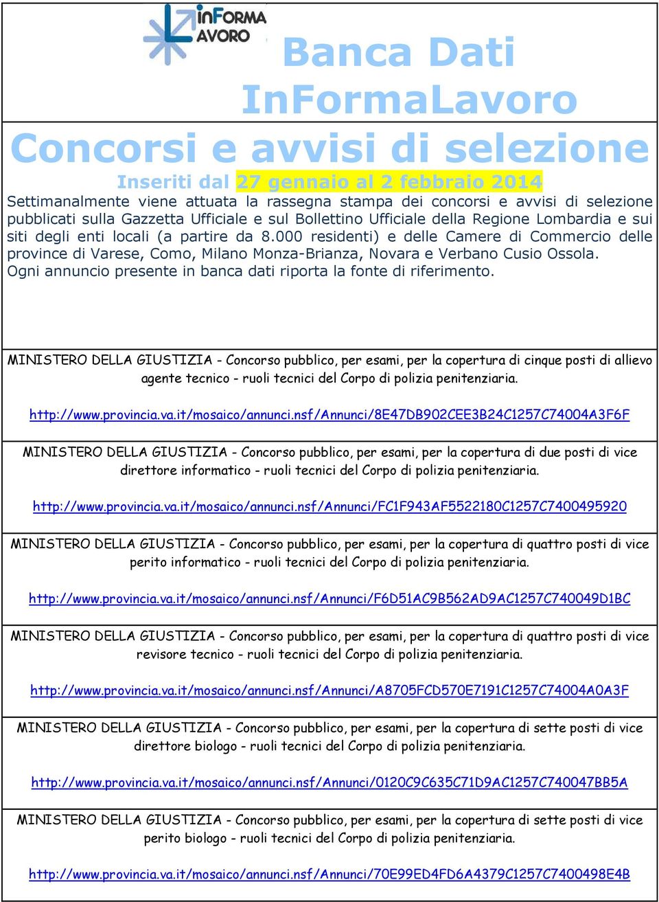 000 residenti) e delle Camere di Commercio delle province di Varese, Como, Milano Monza-Brianza, Novara e Verbano Cusio Ossola. Ogni annuncio presente in banca dati riporta la fonte di riferimento.