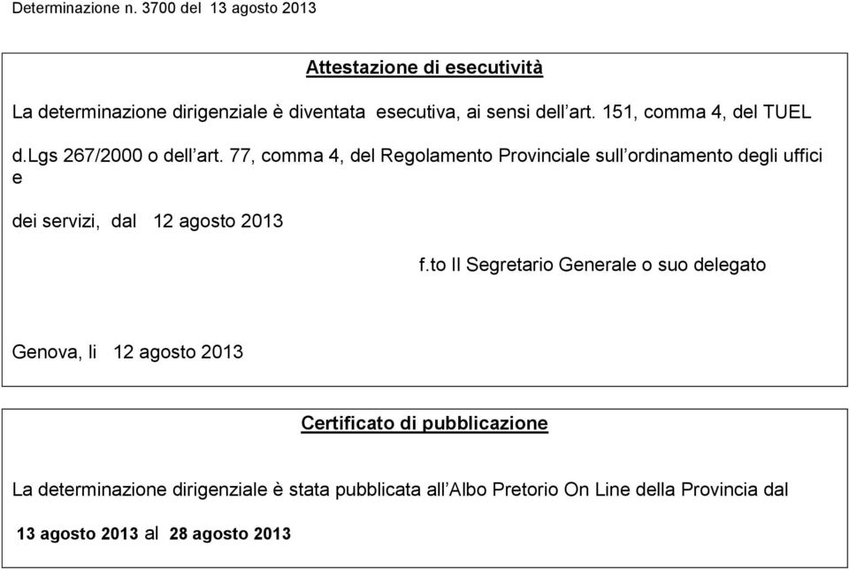 77, comma 4, del Regolamento Provinciale sull ordinamento degli uffici e dei servizi, dal 12 agosto 2013 f.