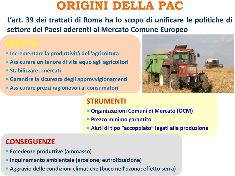 dell'agricoltura Assicurare un tenore di vita equo agli agricoltori Stabilizzare i mercati Garantire la sicurezza degli approvvigionamenti Assicurare prezzi