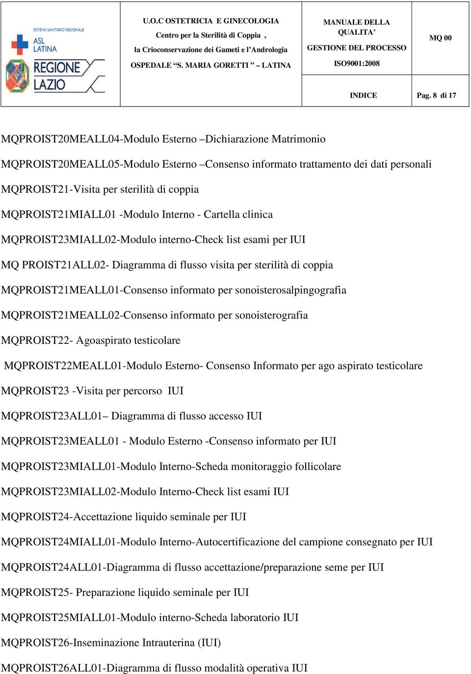MQPROIST21MIALL01 -Modulo Interno - Cartella clinica MQPROIST23MIALL02-Modulo interno-check list esami per IUI MQ PROIST21ALL02- Diagramma di flusso visita per sterilità di coppia