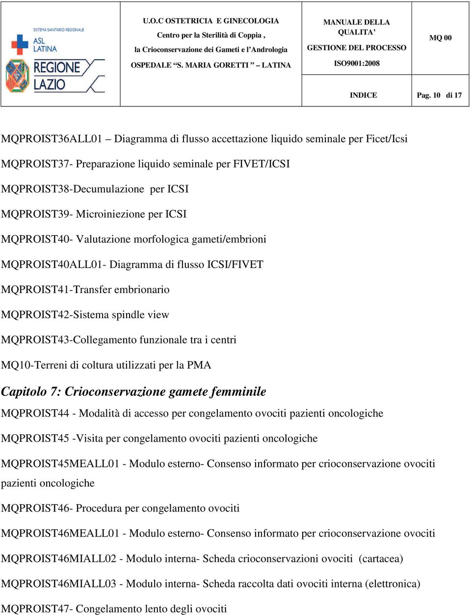 Microiniezione per ICSI MQPROIST40- Valutazione morfologica gameti/embrioni MQPROIST40ALL01- Diagramma di flusso ICSI/FIVET MQPROIST41-Transfer embrionario MQPROIST42-Sistema spindle view