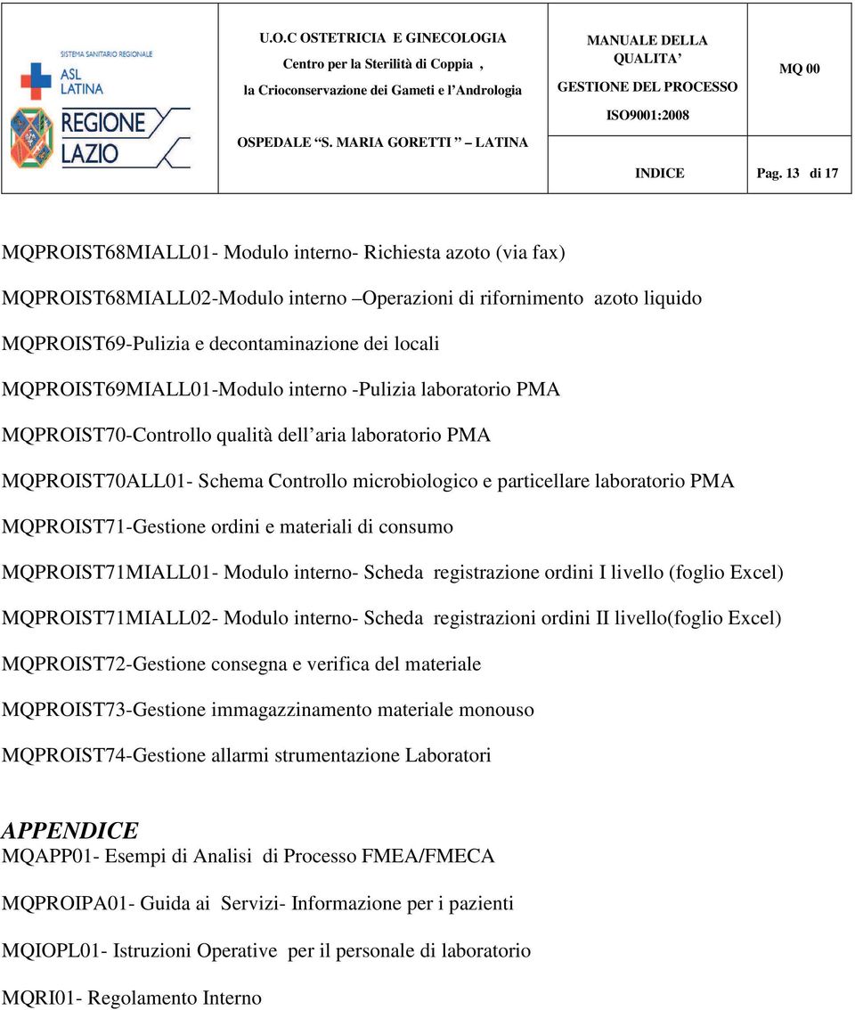 MQPROIST69MIALL01-Modulo interno -Pulizia laboratorio PMA MQPROIST70-Controllo qualità dell aria laboratorio PMA MQPROIST70ALL01- Schema Controllo microbiologico e particellare laboratorio PMA