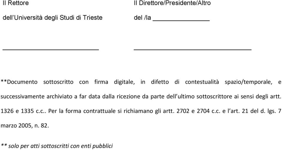 da parte dell ultimo sottoscrittore ai sensi degli artt. 1326 e 1335 c.c.. Per la forma contrattuale si richiamano gli artt.