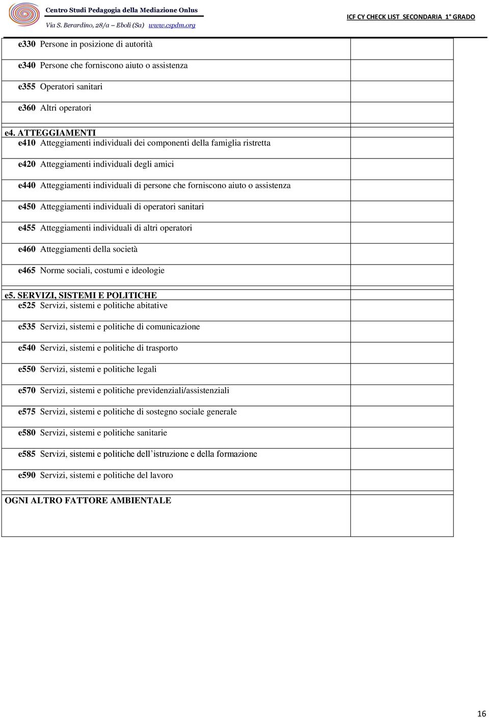 assistenza e450 Atteggiamenti individuali di operatori sanitari e455 Atteggiamenti individuali di altri operatori e460 Atteggiamenti della società e465 Norme sociali, costumi e ideologie e5.