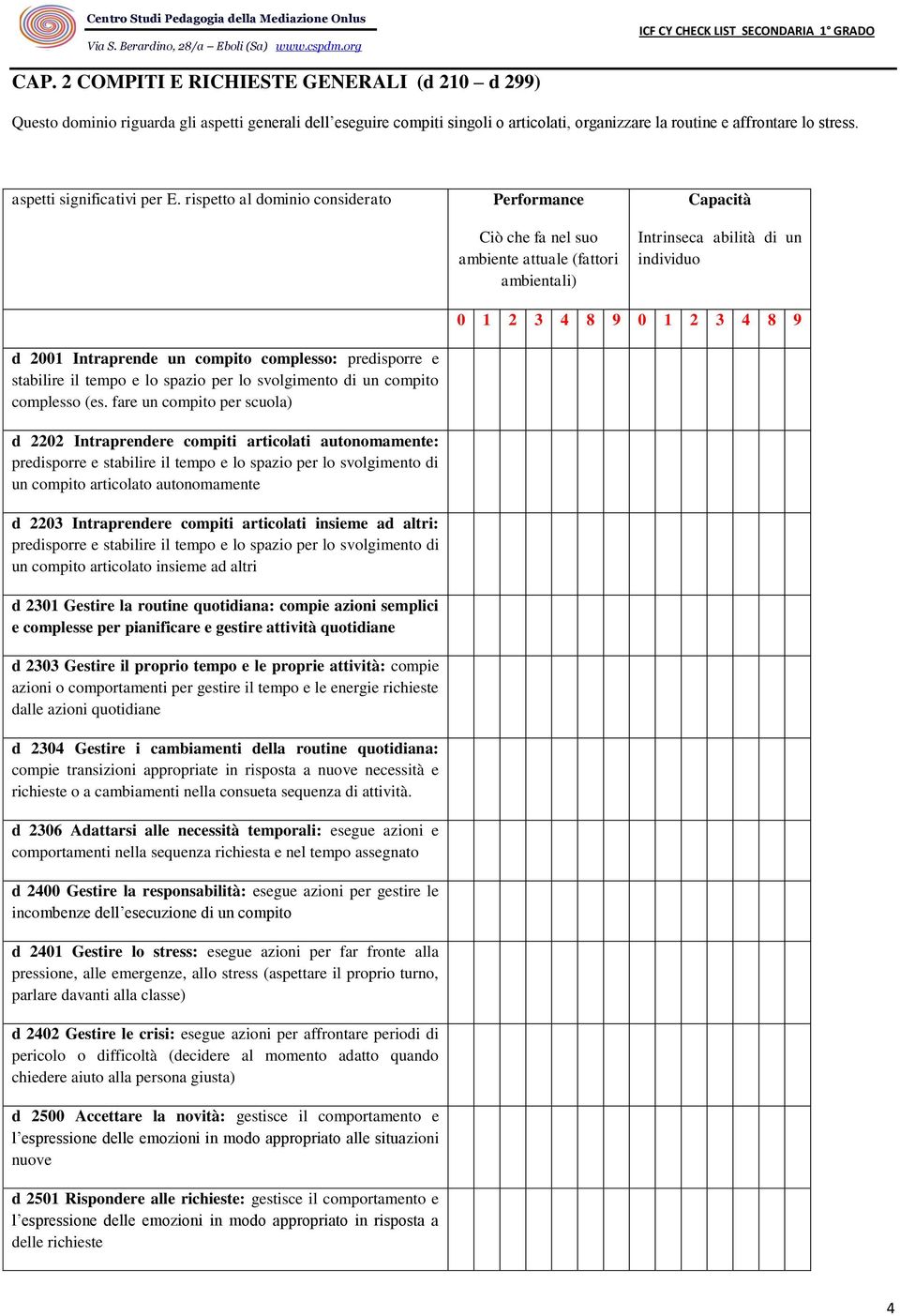 fare un compito per scuola) d 2202 Intraprendere compiti articolati autonomamente: predisporre e stabilire il tempo e lo spazio per lo svolgimento di un compito articolato autonomamente d 2203