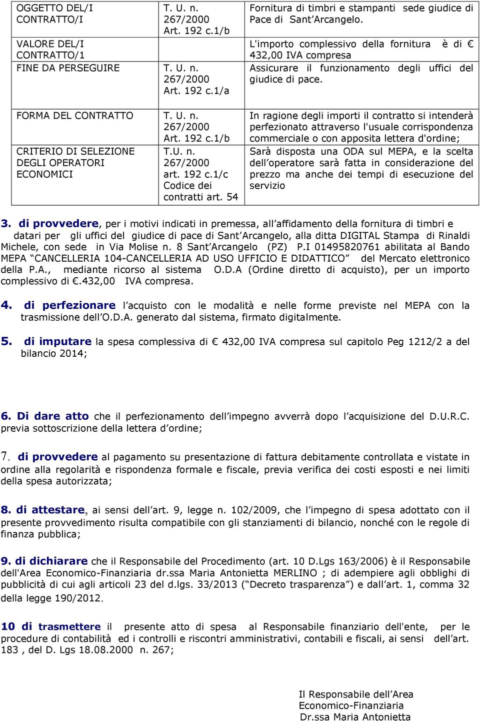 L'importo complessivo della fornitura è di 432,00 IVA compresa Assicurare il funzionamento degli uffici del giudice di pace.