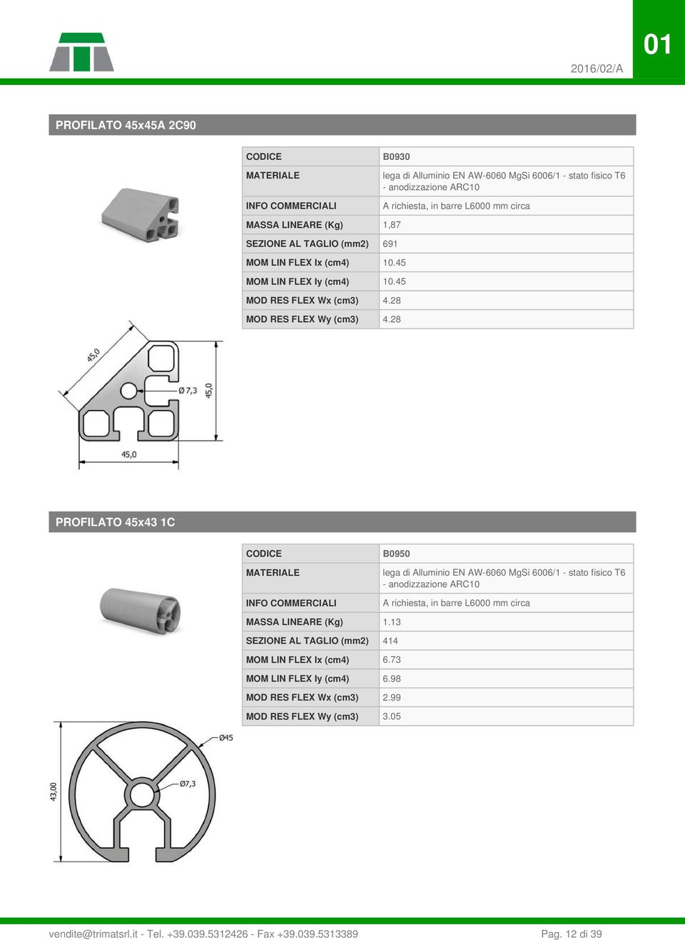 28 PROFILATO 45x43 1C B0950 A richiesta, in barre L6000 mm circa MASSA LINEARE (Kg) 1.