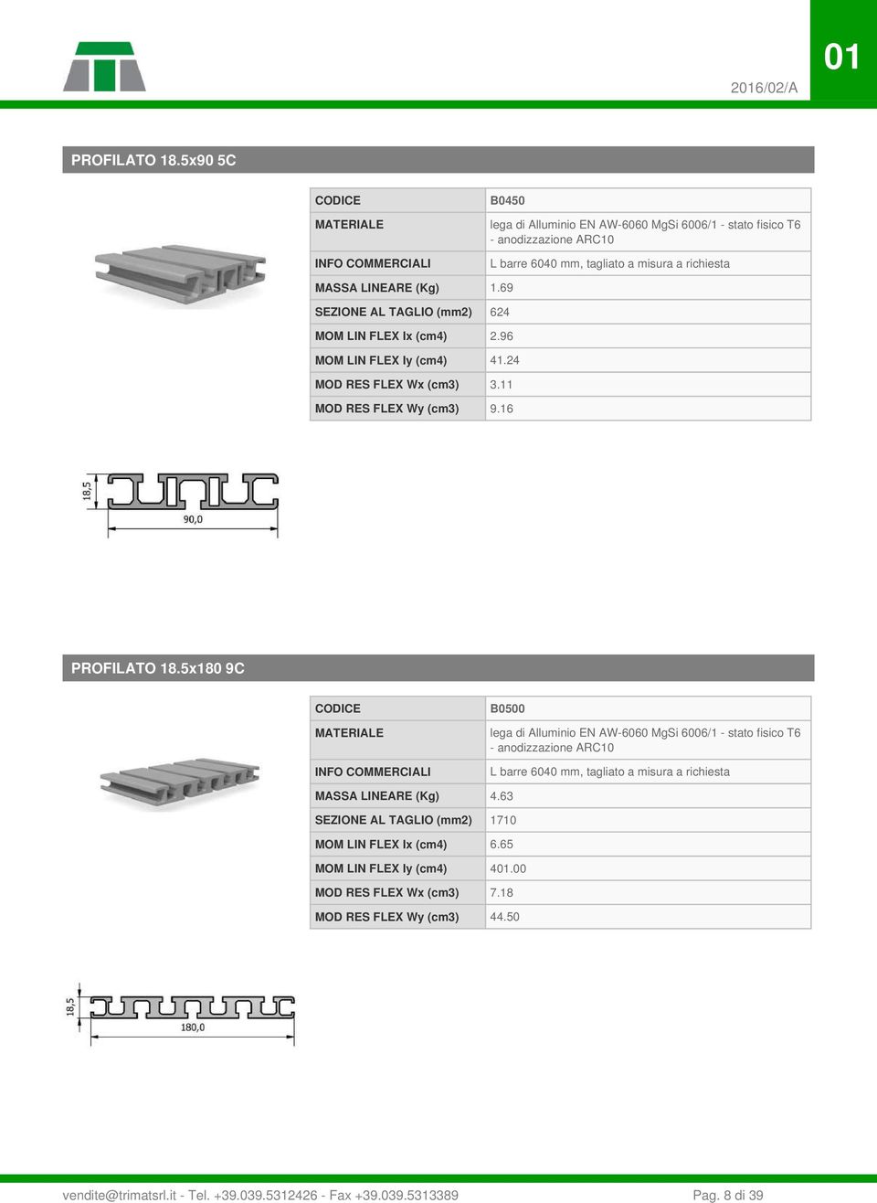 16 PROFILATO 18.5x180 9C B0500 L barre 6040 mm, tagliato a misura a richiesta MASSA LINEARE (Kg) 4.