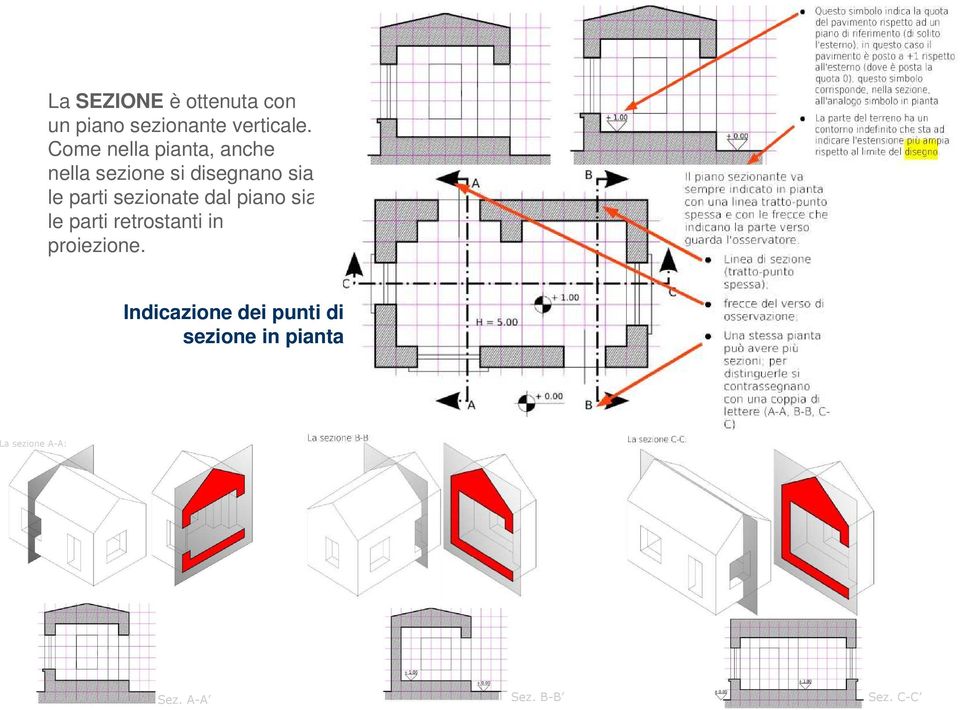 sezionate dal piano sia le parti retrostanti in proiezione.