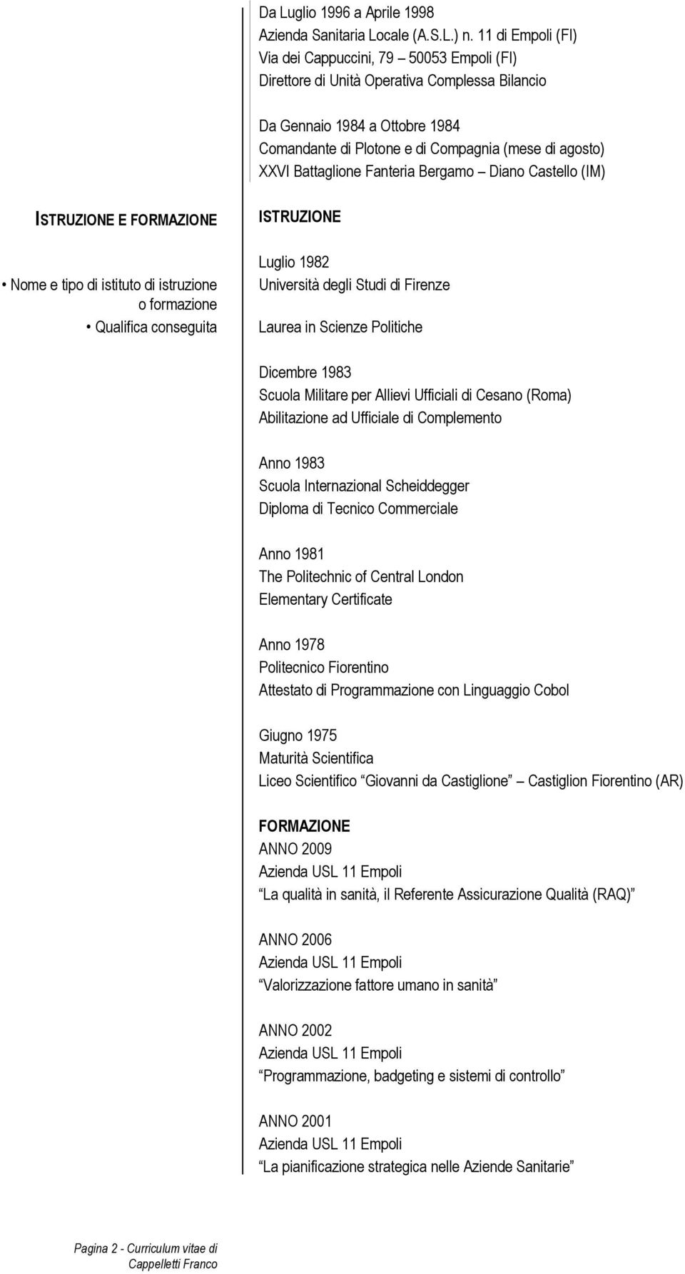 Politiche Dicembre 1983 Scuola Militare per Allievi Ufficiali di Cesano (Roma) Abilitazione ad Ufficiale di Complemento Anno 1983 Scuola Internazional Scheiddegger Diploma di Tecnico Commerciale Anno