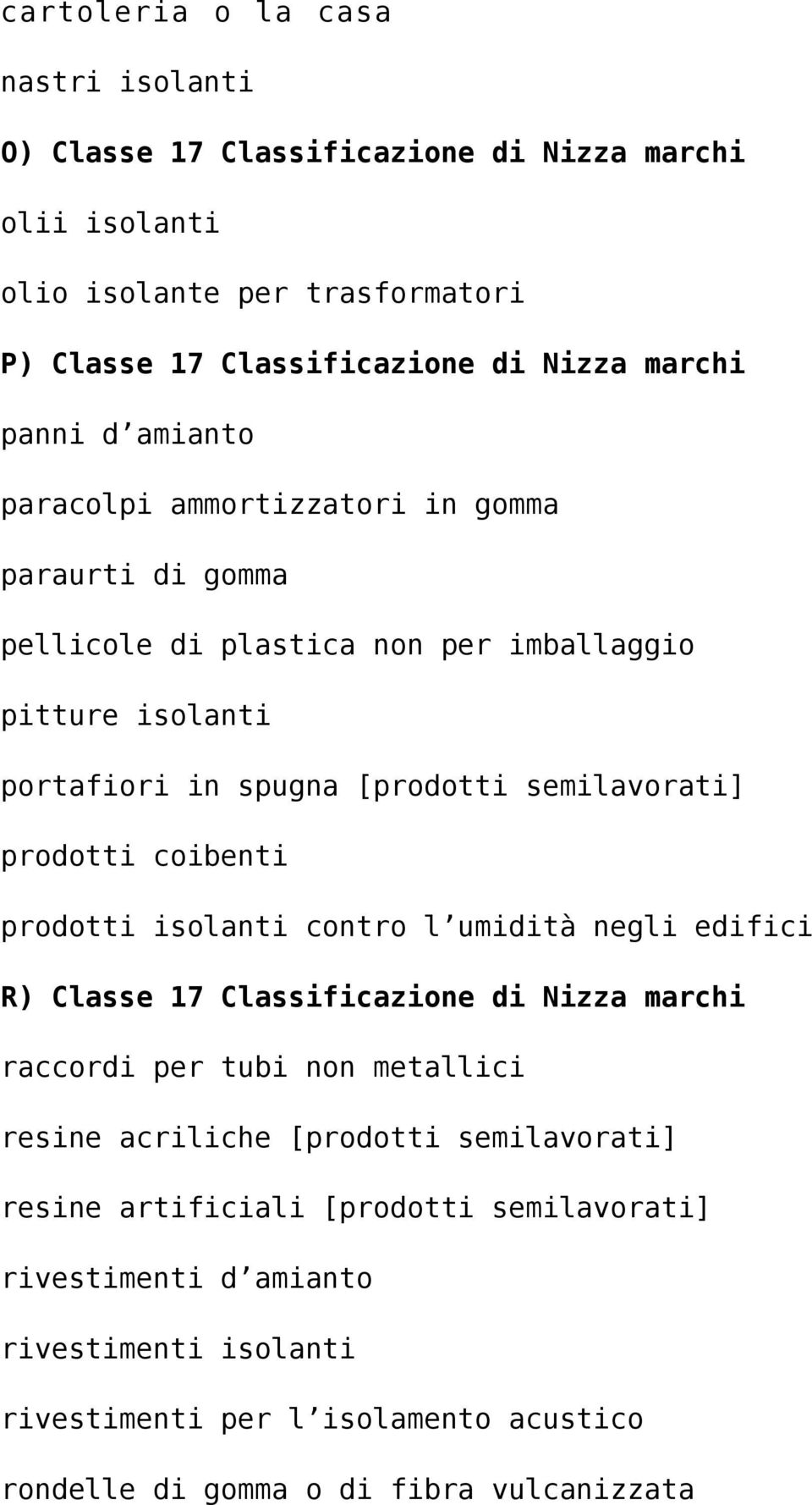 prodotti coibenti prodotti isolanti contro l umidità negli edifici R) Classe 17 Classificazione di Nizza marchi raccordi per tubi non metallici resine acriliche [prodotti