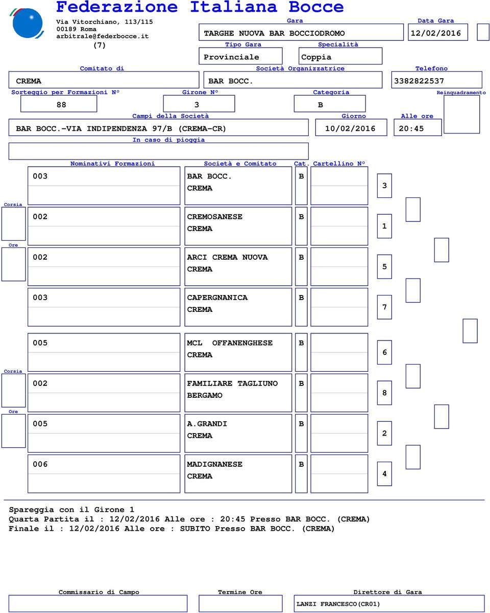 B 00 CREMOSANESE B 00 ARCI NUOVA B 00 CAPERGNANICA B 00 MCL OFFANENGHESE B 00 FAMILIARE TAGLIUNO B 00 A.