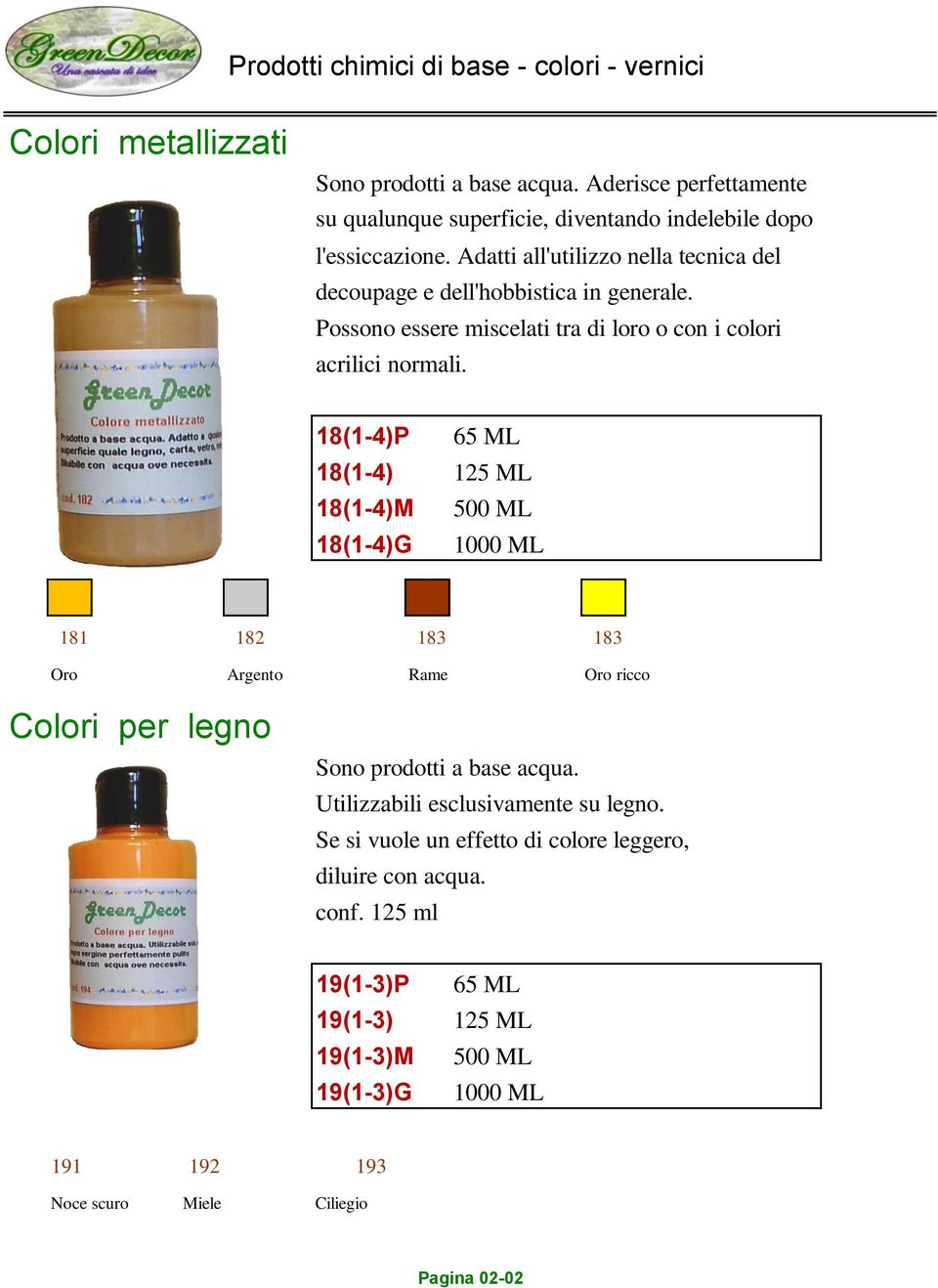 18(1-4)P 65 ML 18(1-4) 125 ML 18(1-4)M 500 ML 18(1-4)G 1000 ML 181 182 183 183 Oro Argento Rame Oro ricco Colori per legno Sono prodotti a base acqua.