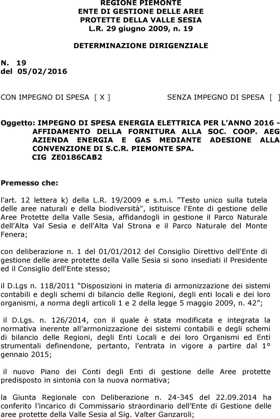 AEG AZIENDA ENERGIA E GAS MEDIANTE ADESIONE ALLA CONVENZIONE DI S.C.R. PIEMONTE SPA. CIG ZE0186CAB2 Premesso che: l'art. 12 lettera k) della L.R. 19/2009 e s.m.i.