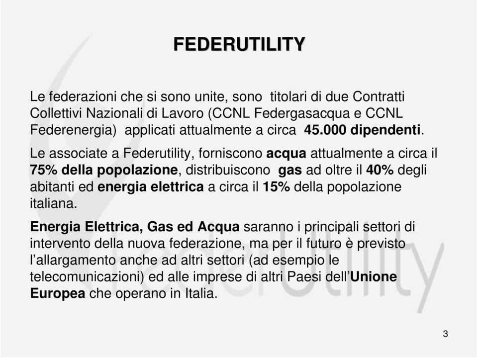 Le associate a Federutility, forniscono acqua attualmente a circa il 75% della popolazione, distribuiscono gas ad oltre il 40% degli abitanti ed energia elettrica a