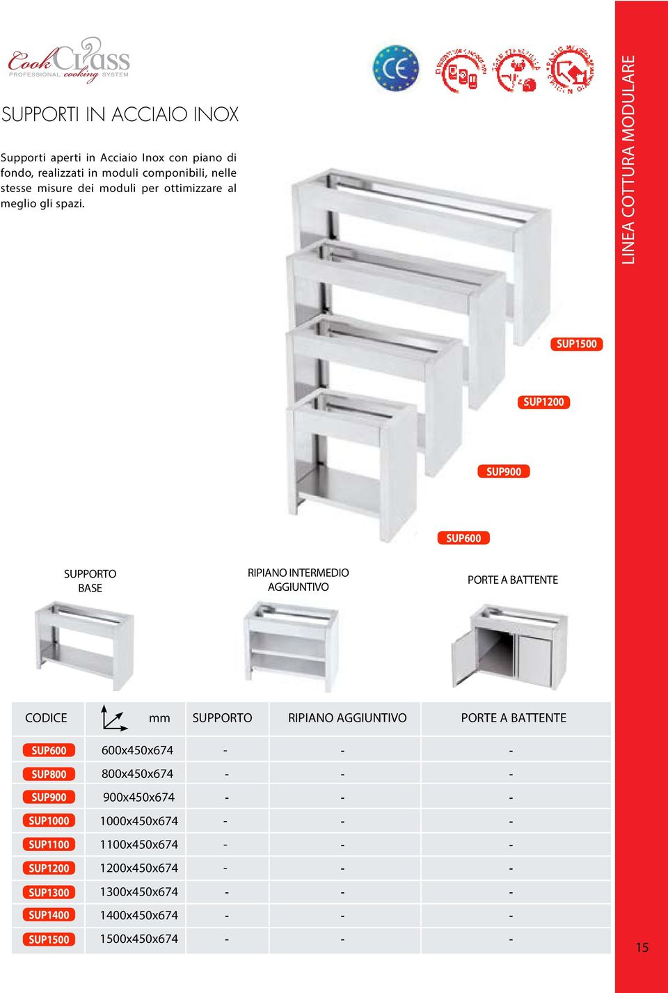 LINEA COTTURA MODULARE SUP1500 SUP1200 SUP900 SUP600 SUPPORTO BASE RIPIANO INTERMEDIO AGGIUNTIVO PORTE A BATTENTE CODICE mm SUPPORTO