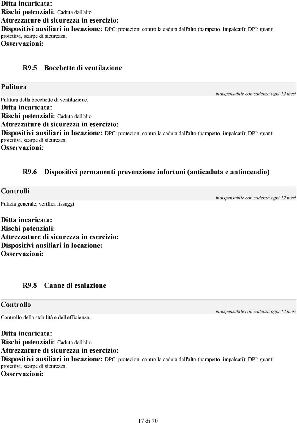 Caduta dall'alto DPC: protezioni contro la caduta dall'alto (parapetto, impalcati); DPI: guanti protettivi, scarpe di sicurezza. R9.