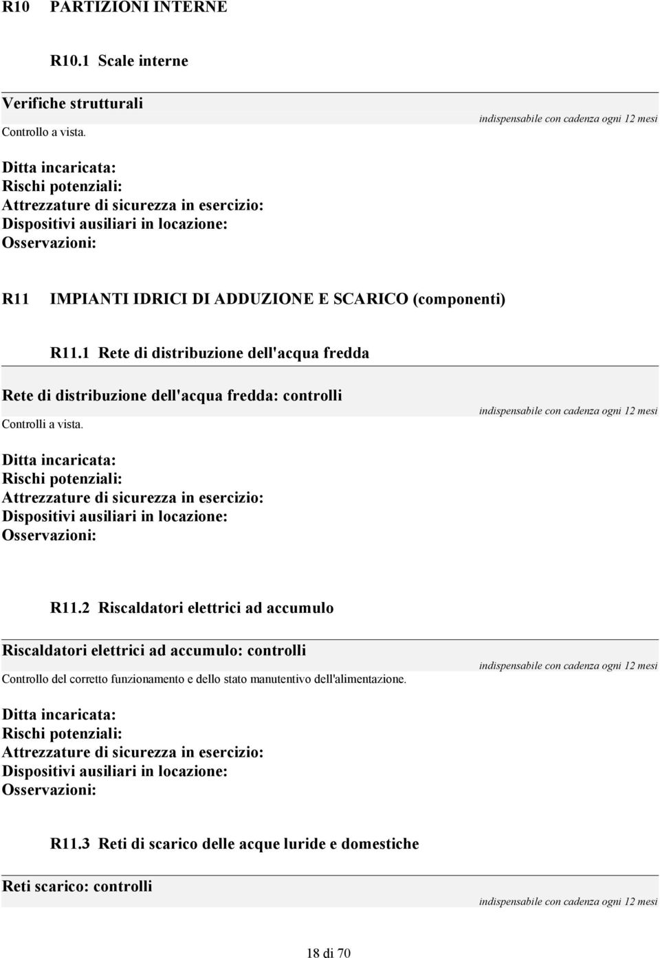 1 Rete di distribuzione dell'acqua fredda Rete di distribuzione dell'acqua fredda: controlli Controlli a vista. R11.