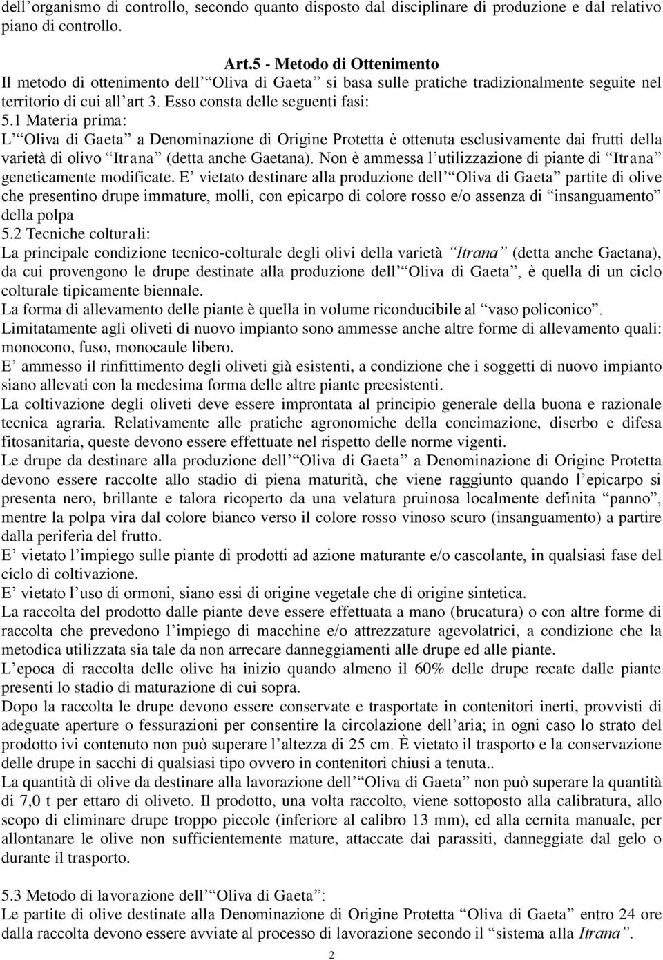 1 Materia prima: L Oliva di Gaeta a Denominazione di Origine Protetta è ottenuta esclusivamente dai frutti della varietà di olivo Itrana (detta anche Gaetana).