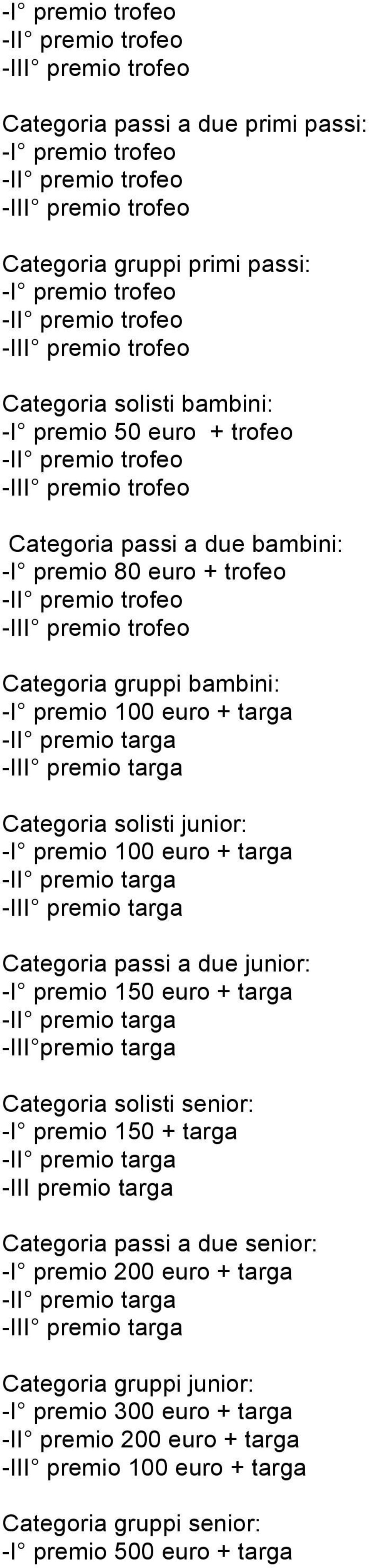 -III premio targa Categoria solisti senior: -I premio 150 + targa -III premio targa Categoria passi a due senior: -I premio 200 euro + targa