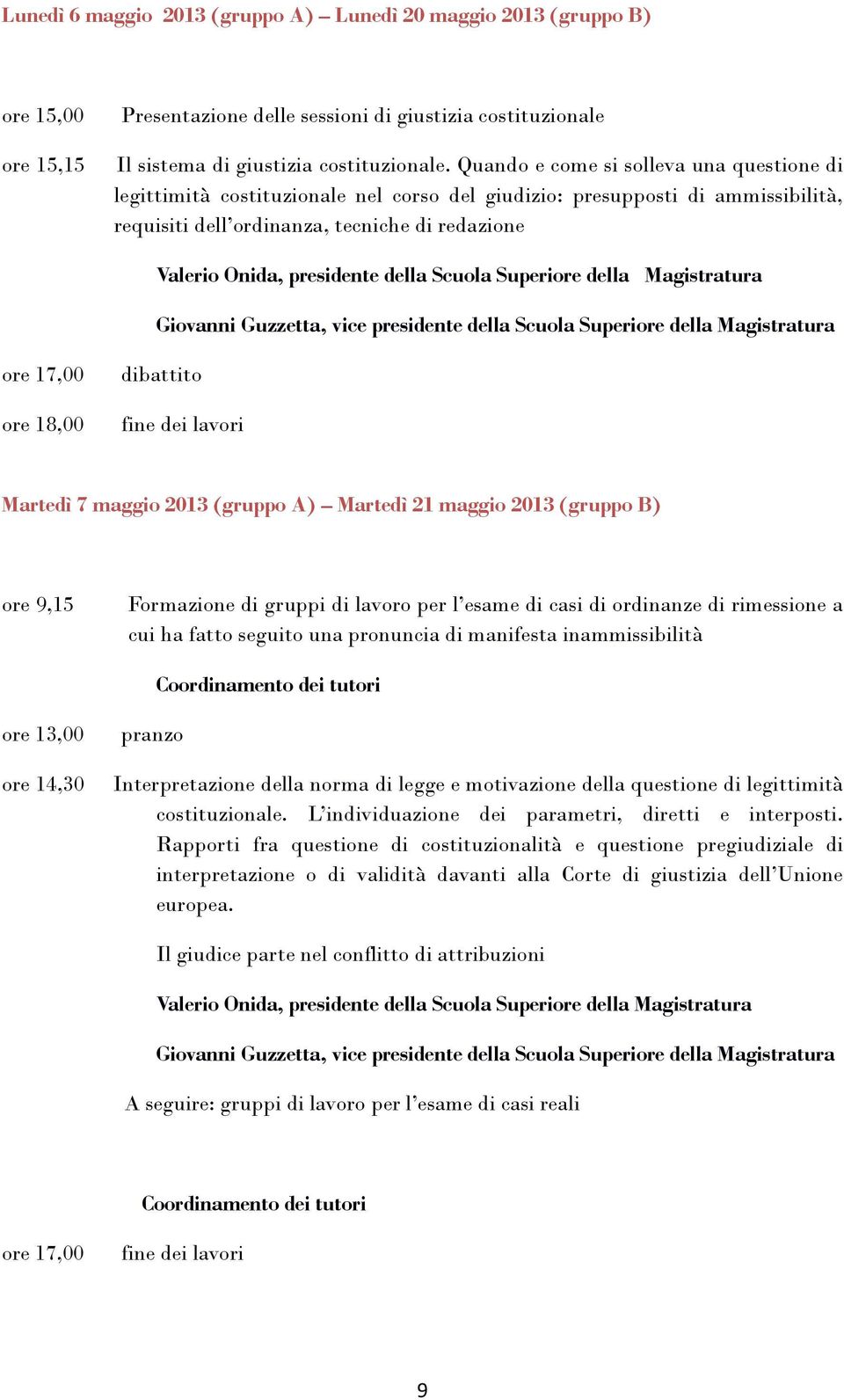 della Scuola Superiore della Magistratura Giovanni Guzzetta, vice presidente della Scuola Superiore della Magistratura ore 17,00 ore 18,00 dibattito fine dei lavori Martedì 7 maggio 2013 (gruppo A)