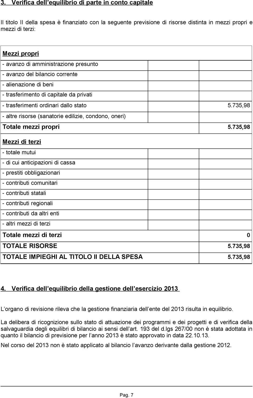 735,98 - altre risorse (sanatorie edilizie, condono, oneri) Totale mezzi propri 5.