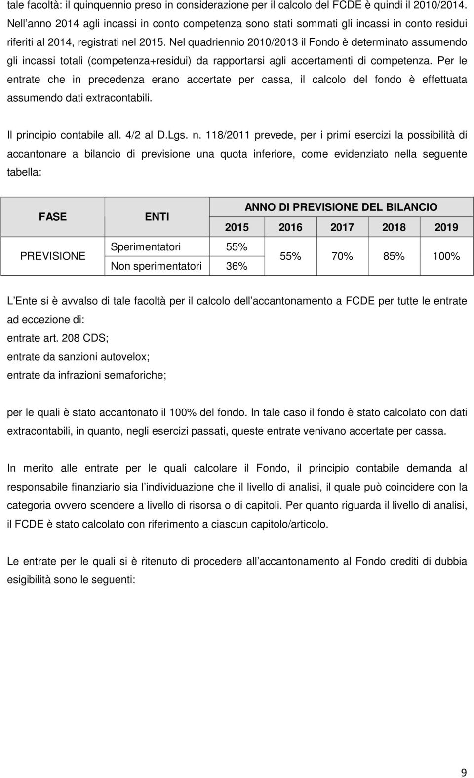 Nel quadriennio 2010/2013 il Fondo è determinato assumendo gli incassi totali (competenza+residui) da rapportarsi agli accertamenti di competenza.