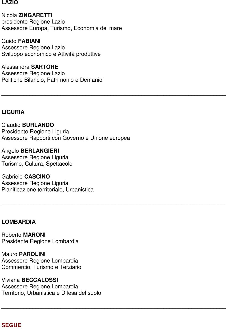 europea Angelo BERLANGIERI Assessore Regione Liguria Turismo, Cultura, Spettacolo Gabriele CASCINO Assessore Regione Liguria Pianificazione territoriale, Urbanistica LOMBARDIA