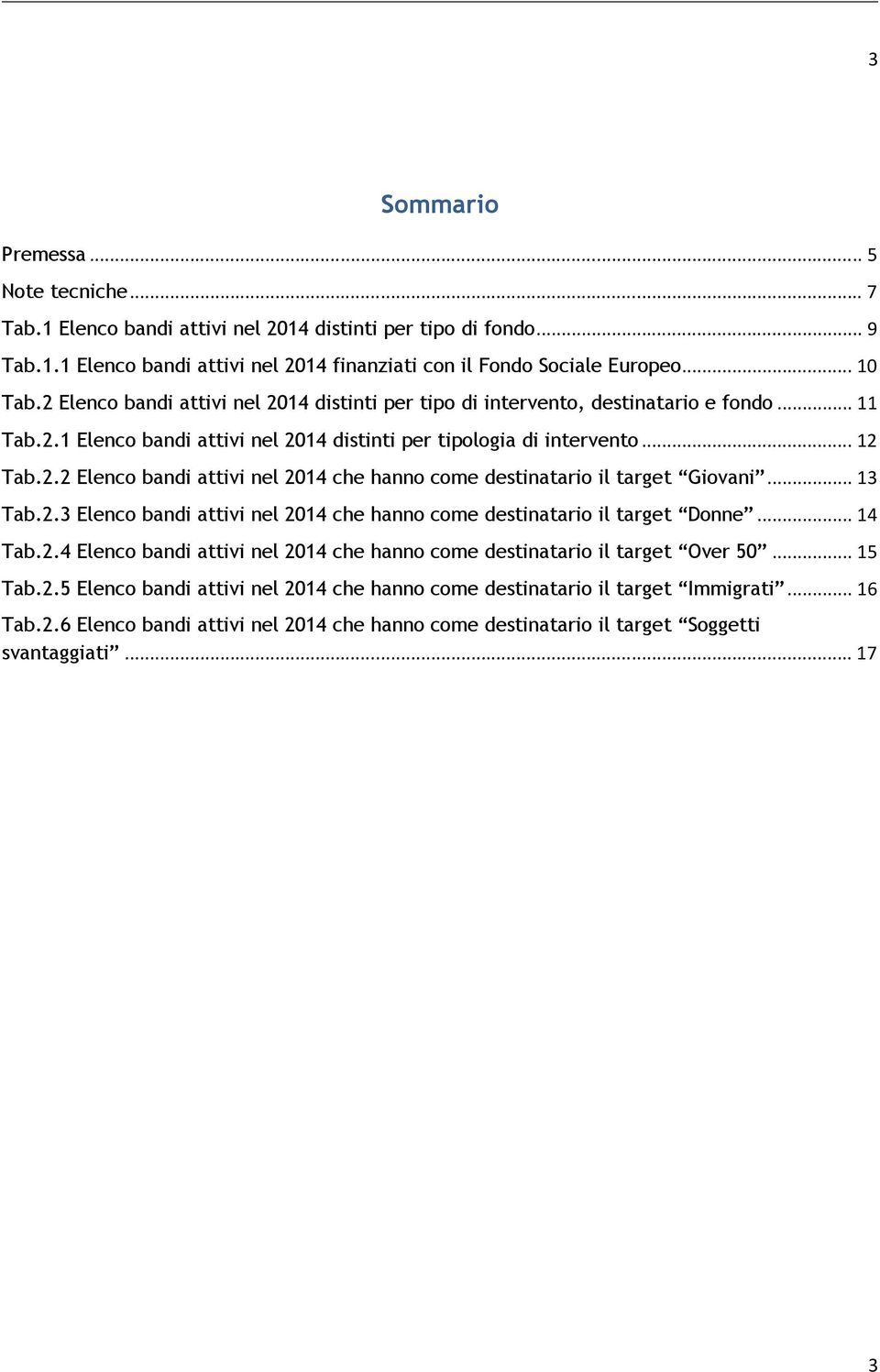 .. 13 Tab.2.3 Elenco bandi attivi nel 2014 che hanno come destinatario il target Donne... 14 Tab.2.4 Elenco bandi attivi nel 2014 che hanno come destinatario il target Over 50... 15 Tab.2.5 Elenco bandi attivi nel 2014 che hanno come destinatario il target Immigrati.