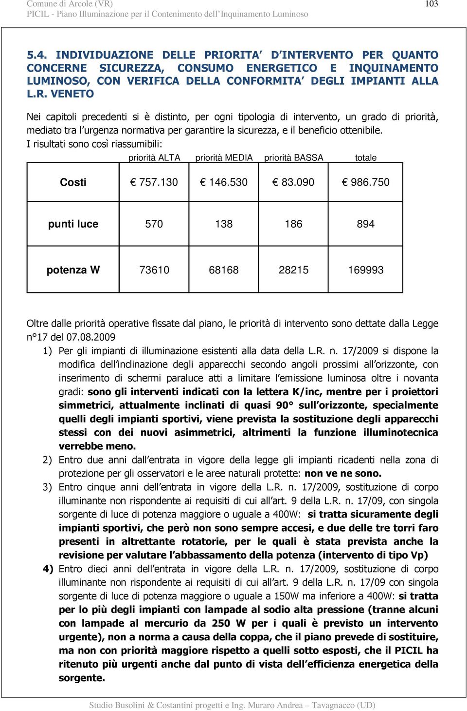 I risultati sono così riassumibili: priorità ALTA priorità MEDIA priorità BASSA totale Costi 757.130 146.530 83.090 986.