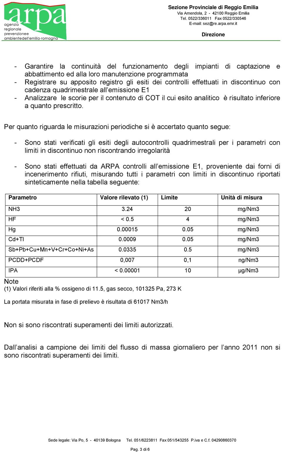 Per quanto riguarda le misurazioni periodiche si è accertato quanto segue: - Sono stati verificati gli esiti degli autocontrolli quadrimestrali per i parametri con limiti in discontinuo non