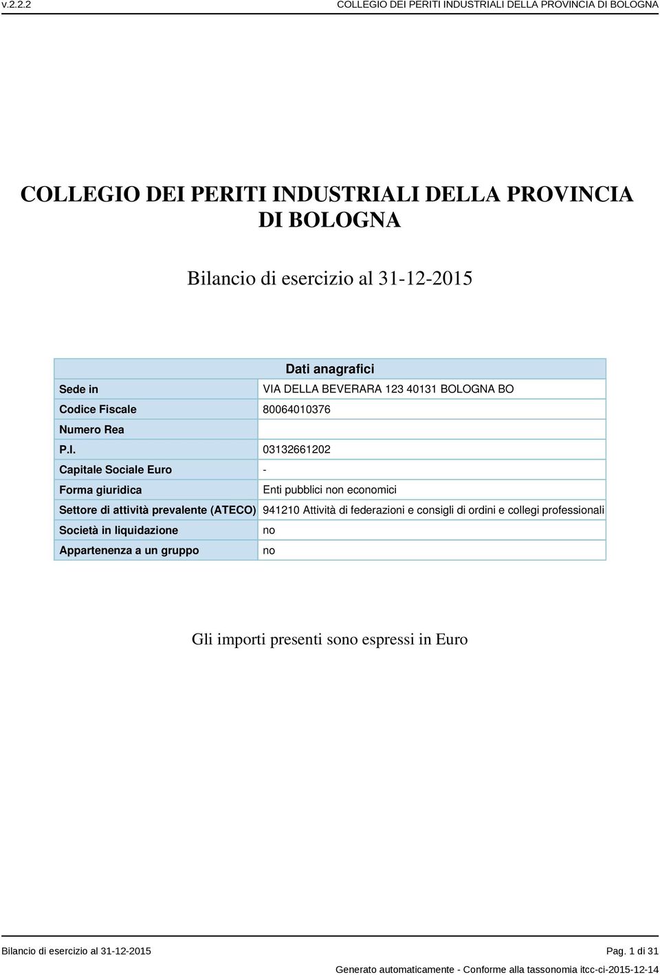 03132661202 Capitale Sociale Euro - Forma giuridica Enti pubblici non economici Settore di attività prevalente (ATECO) 941210 Attività